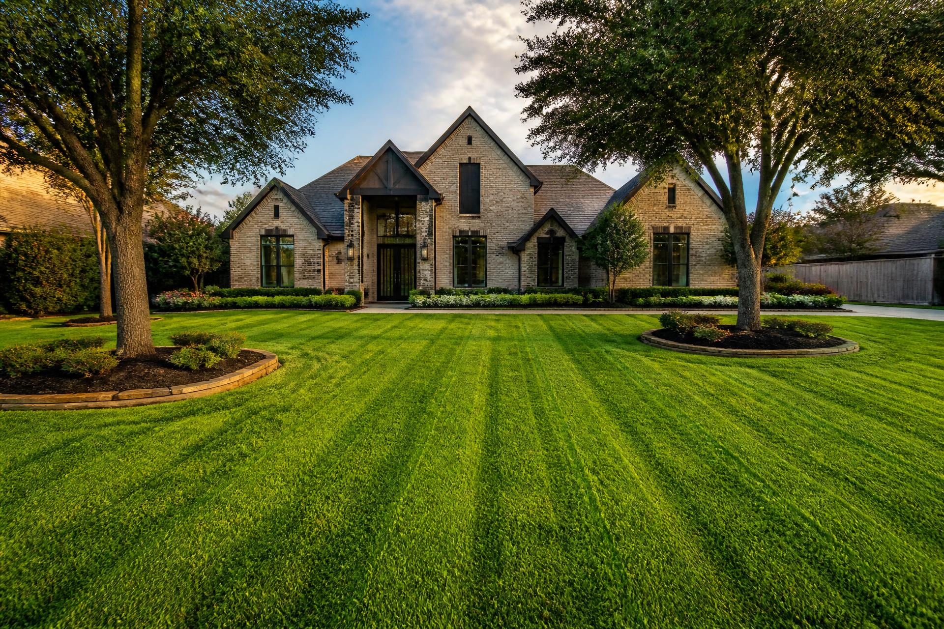 Freshly mowed striped lawn in front of a Houston home